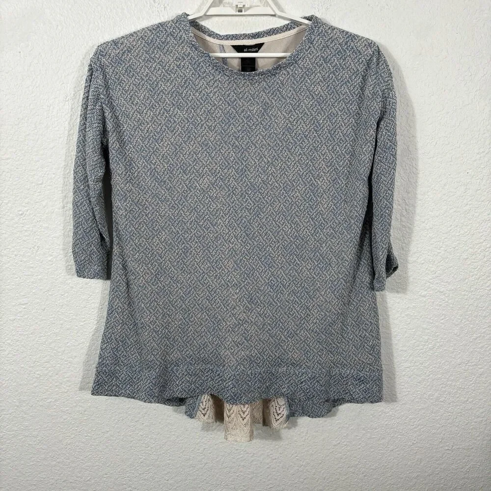 Ali Miles‎ Top Size M Knit Blue Beige 3/4 Sleeve Lagenlook Lace Accents